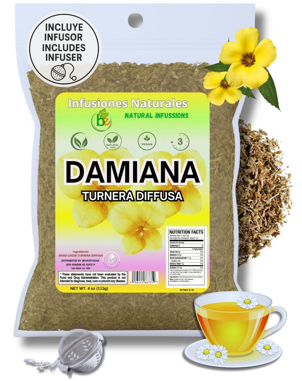 Damiana Leaf Te - 4 Oz (113G) Loose Herbal Tea + Stainless Steel Tea Infuser - 100% Natural Turnera Diffusa - Authentic Mexican Oriflavor Blend - Energy Blend-Free  Non-Gmo  Gluten-Free  Vegan By Bexpertsusa