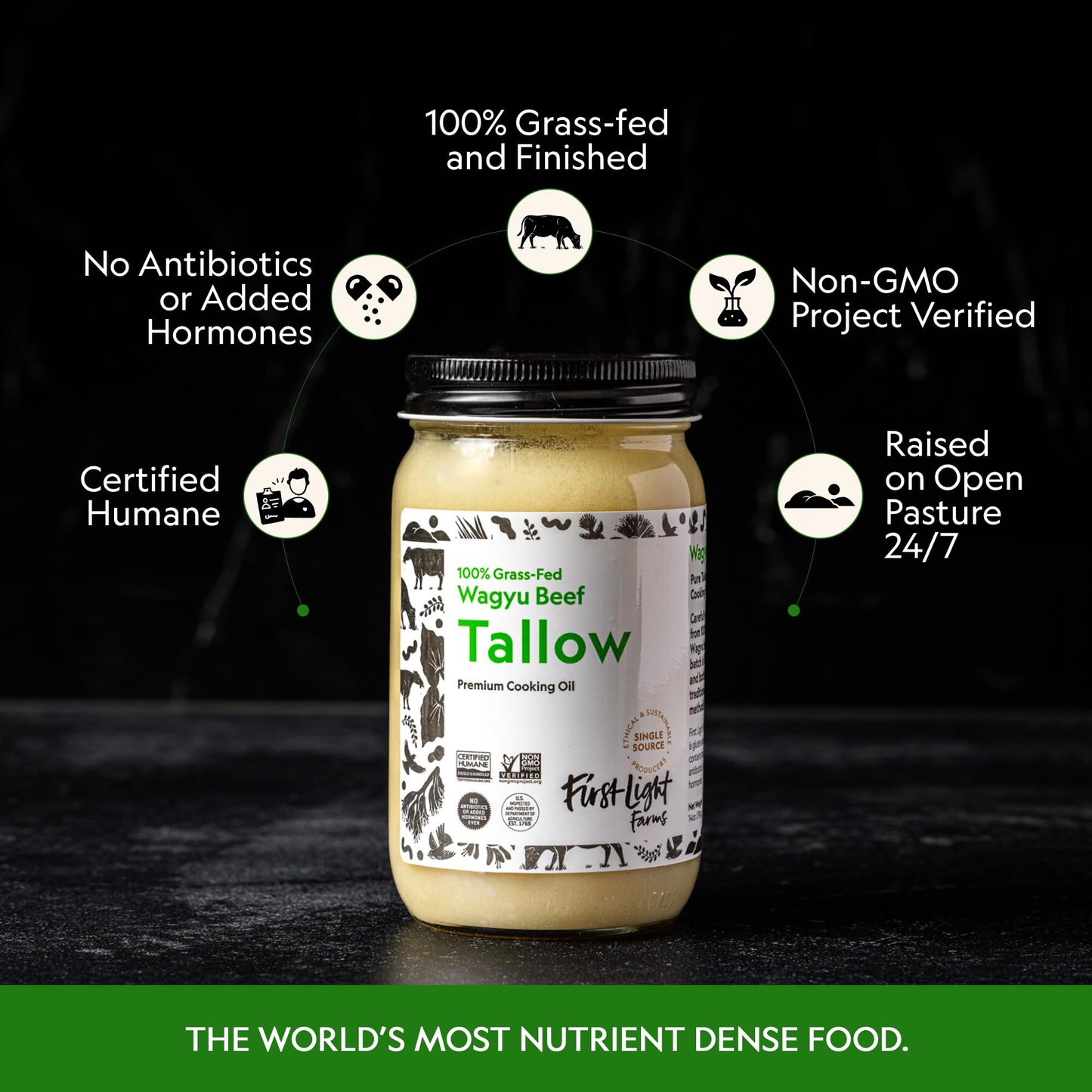 First Light Wagyu Beef Tallow | 100% Grass-Fed, 14oz Glass Jar | Gluten-Free, Dairy-Free, Perfect for Keto & Whole30
