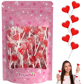 Fruidles Valentine's Heart Lollipops Candy, Red Heart Shaped Hard Candy Lollipop Suckers, Individually Wrapped, 12g Lollipop (Ha