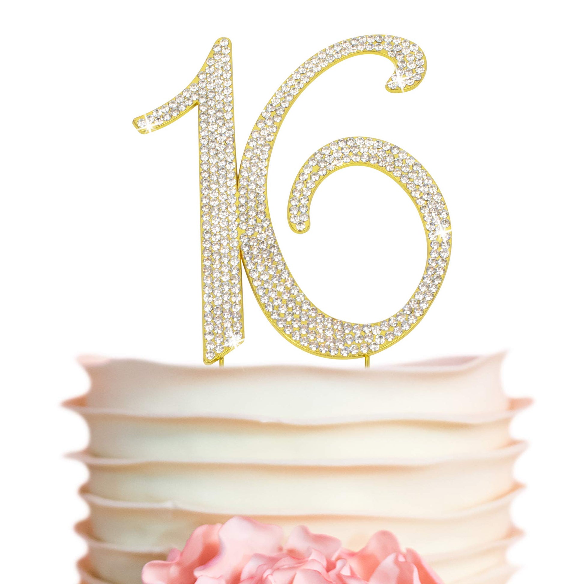 Crystal Creations 16 Cake Topper - Premium Gold Metal with Rhinestones - 1 Count