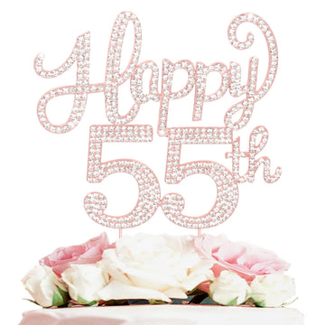 Happy 55Th Birthday Rose Gold Rhinestone Cake Topper - 55Th Birthdayanniversary,Cheers To 55 Years Old Bday Party Metal Sparkly