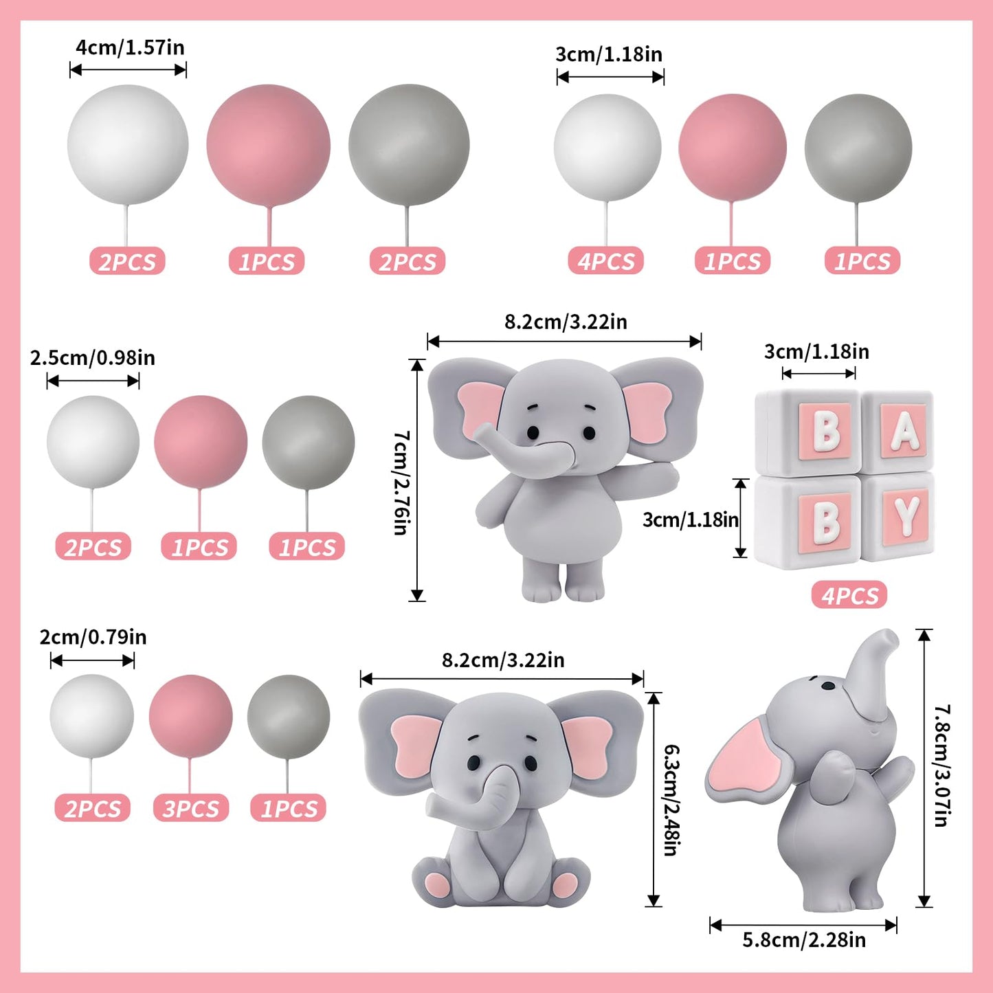 28 Pcs Elephant Cake Toppers Balls Cake Decorations Diy Cake Topper For Boy Girl Baby Shower Birthday Party Decorations (Pink)