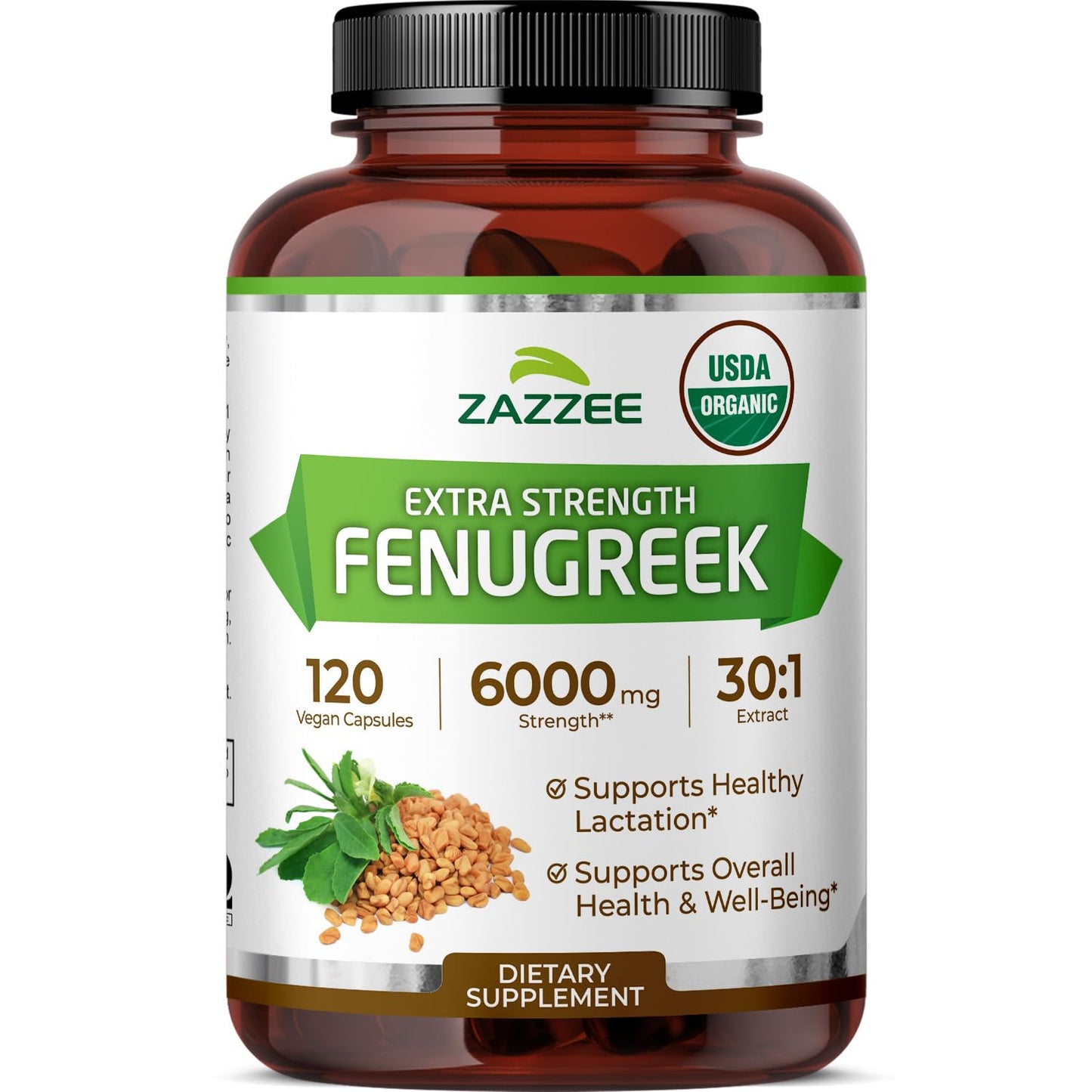 Zazzee Organic Fenugreek 30:1 Extract 6000 mg - 120 Vegan Capsules, Non-GMO, 4 Month Supply