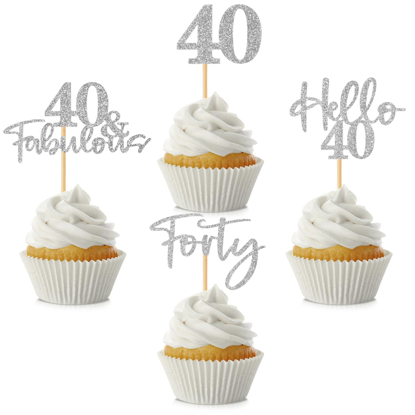 48Pcs 40Th Birthday Cupcake Toppers Glitter Hello 40 Cupcake Topper 40 Fabulous Forty Cupcake Picks For Happy 40Th Birthday Wedd