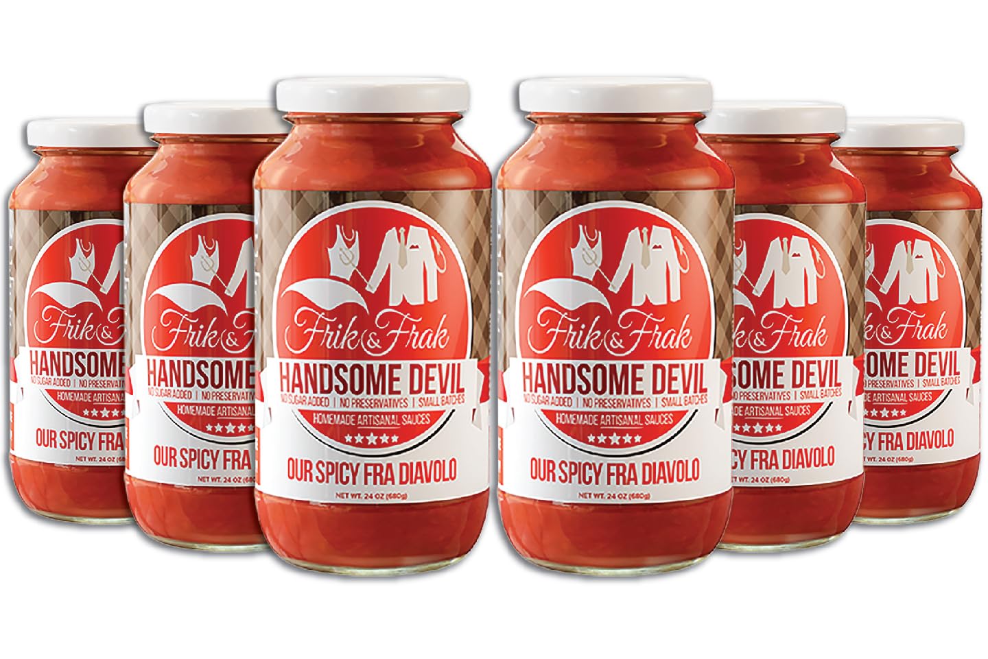 Spicy Fra Diavolo Pasta Sauce by Frik & Frak, 6-Pack, No Sugar Added, No Preservatives, Gluten Free, 36 Month Shelf Life, Artisa