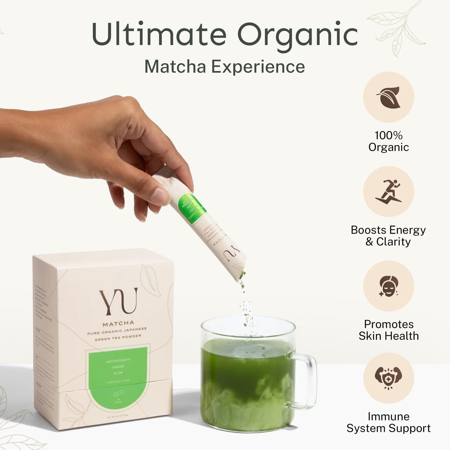 Yu Tea Organic Matcha Powder, 30 Instant Packets, Unsweetened, Grade A Japanese Matcha, Single Serve Sticks