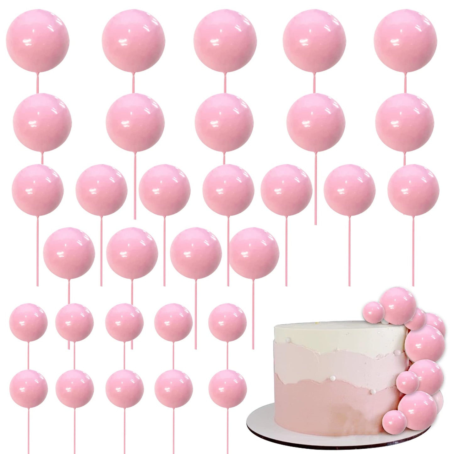 Rsstarxi Foam Ball Cake Toppers, 30 PCS, Pink, Mini Balloons for Baby Shower, Wedding, Anniversary, Birthday Party Decorations, Model XM237-pink