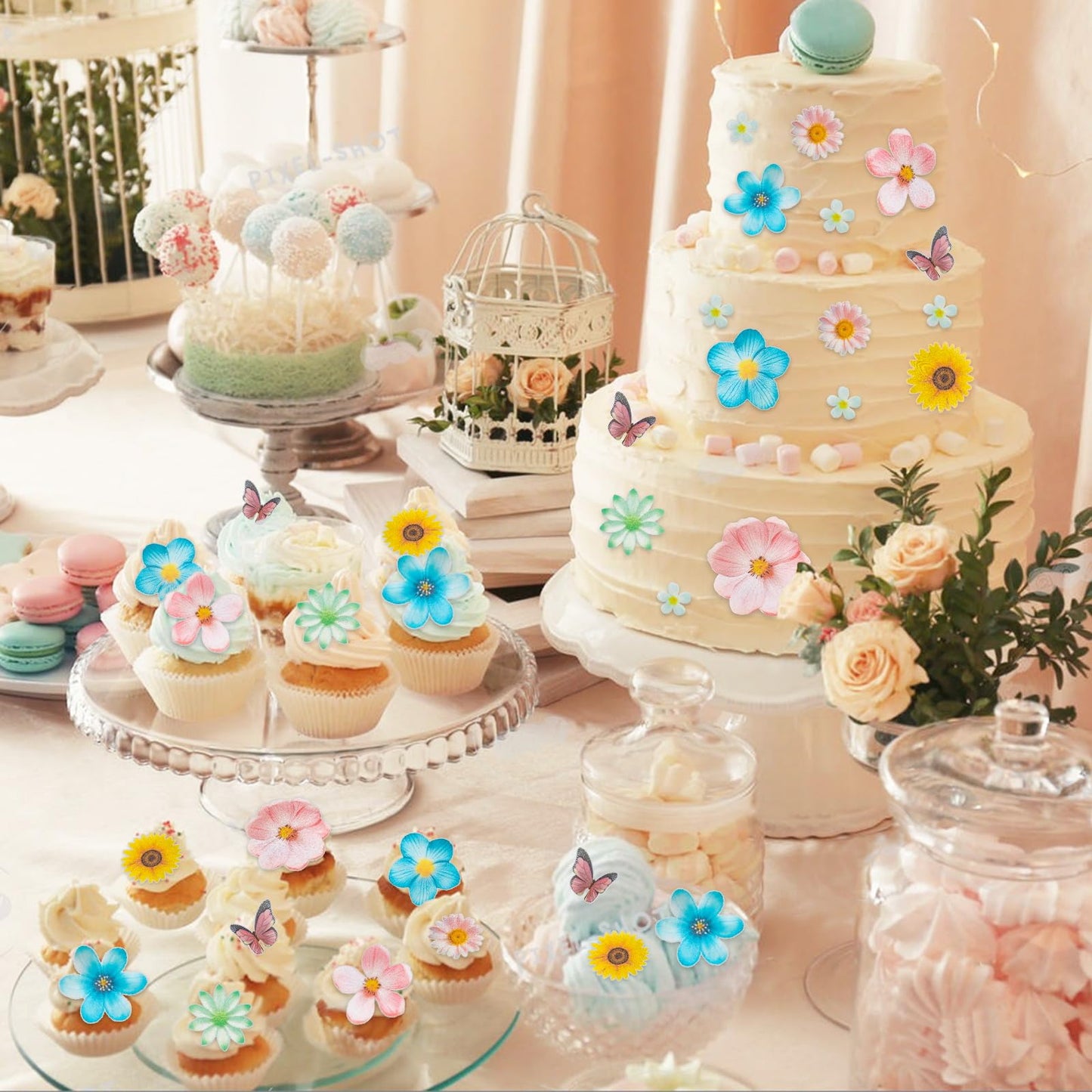 Morofme 55Pcs Edible Flower Butterflies Cake Topper Wafer Paper Flower Cupcake Toppers Hawaiian Flower Cake Decorations Mixed Si