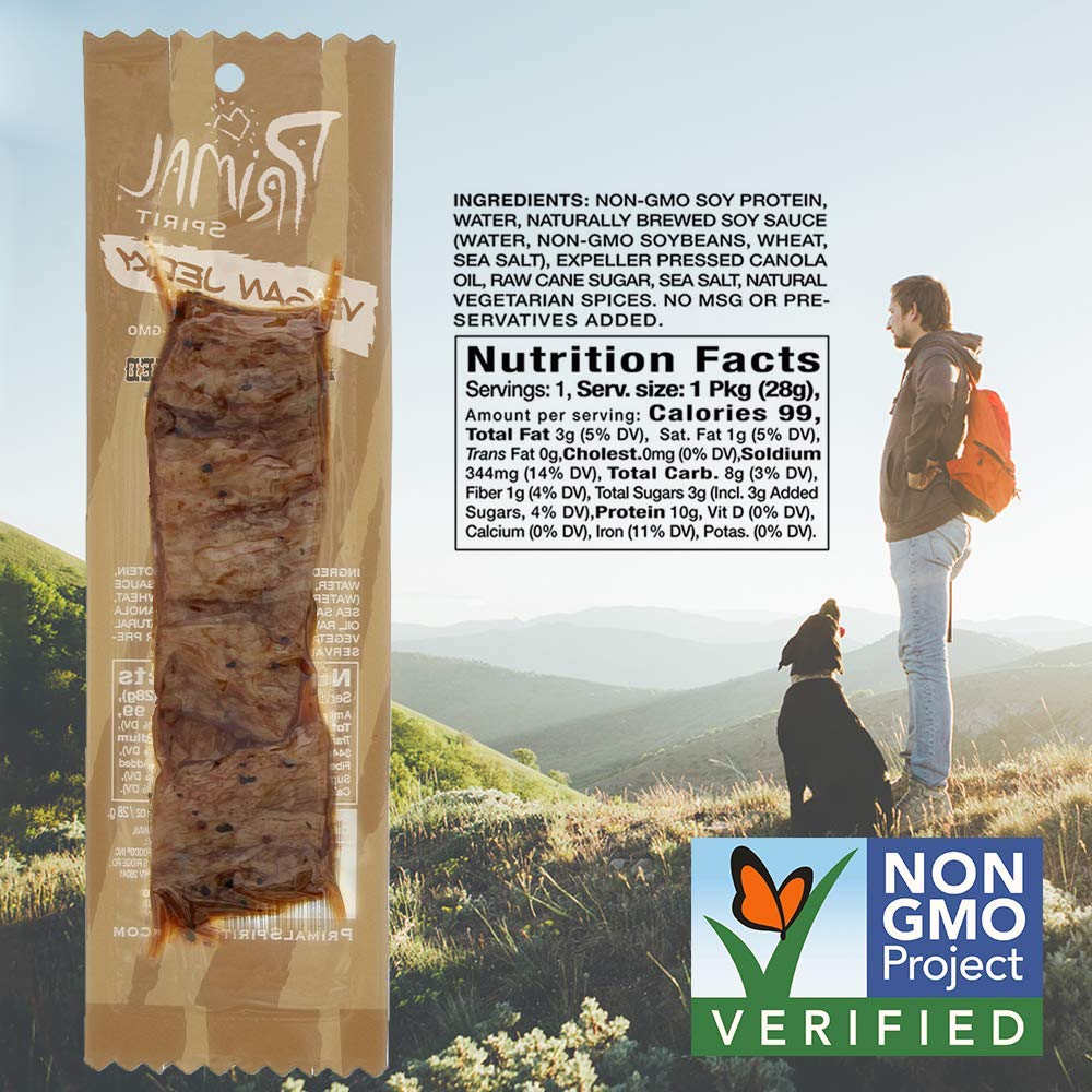 Primal Spirit Vegan Jerky Classic Flavor, Hickory Smoked, 1 oz. (Pack of 18), Plant Based Protein, Non-GMO, No Preservatives