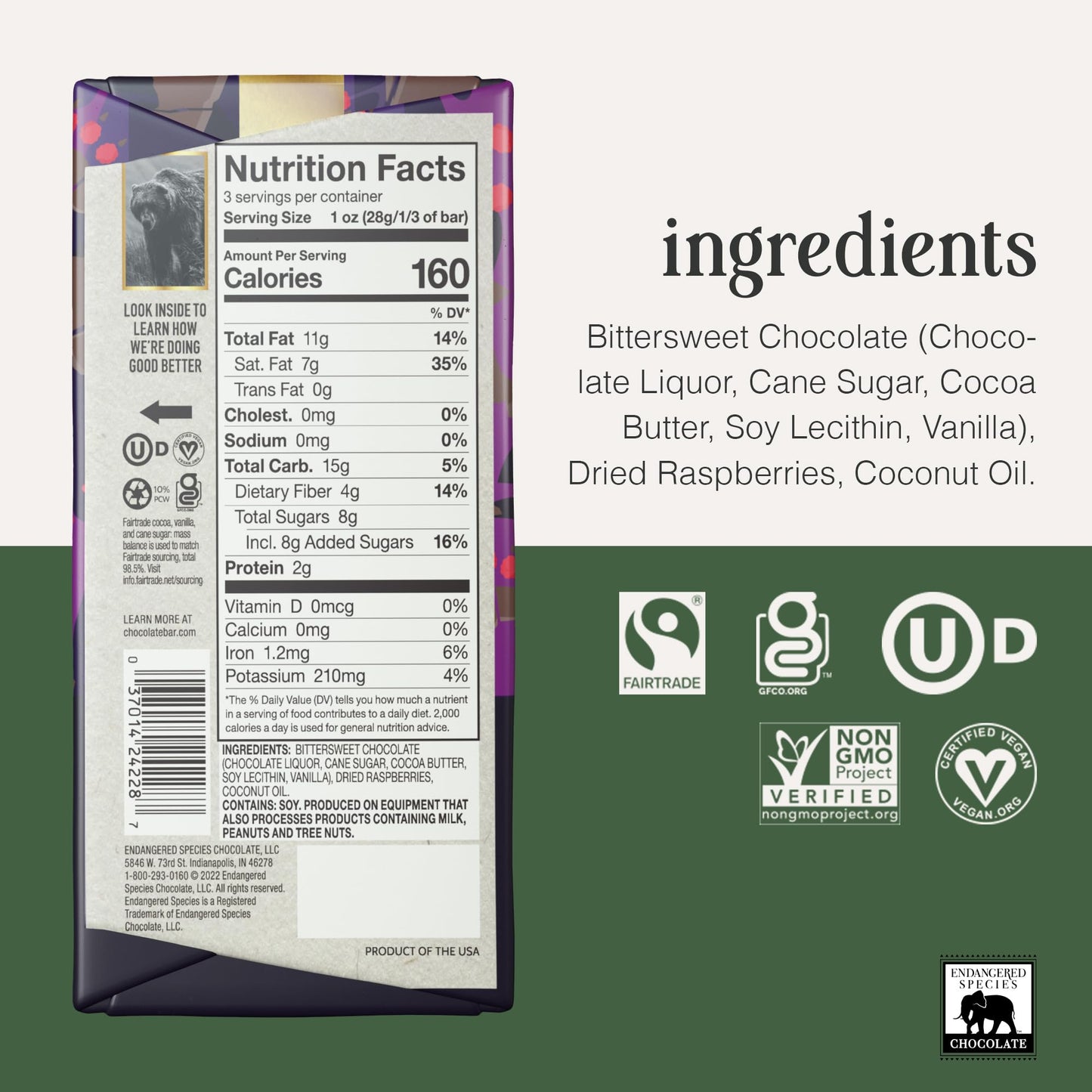 Endangered Species Chocolate Grizzly Natural Dark Chocolate 72% with Raspberries, 3 Ounce Bars, Pack of 12