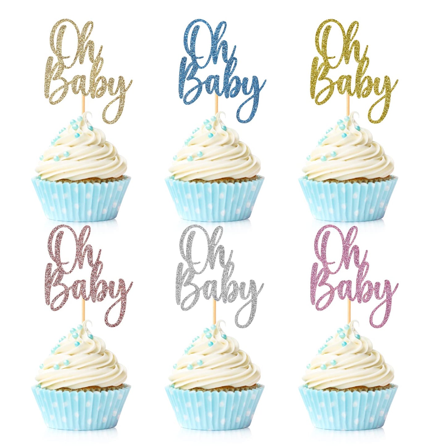 24 Pieces Oh Baby Cupcake Topper Multicolor Glitter Baby Shower Cake Decorations Boys Girls Birthday Party Supplies
