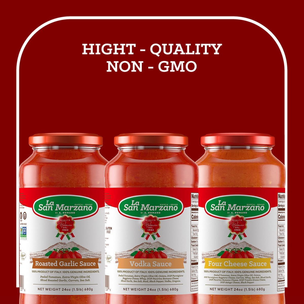 La San Marzano Pasta Sauce Variety Pack, spirit-inspired flavor & Four Cheese, Roasted Garlic, 24 oz (Pack of 3), Gluten Free, All Natural