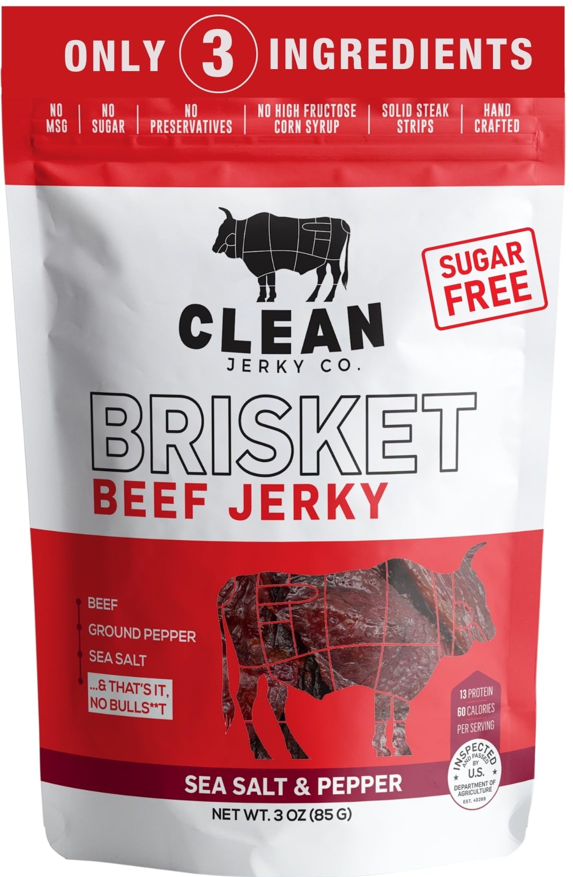 Clean Jerky Co. Old Fashioned Dry Zero Sugar Beef Jerky, Salt & Pepper Flavor, 3 Ounce Protein Snack, No MSG, No Sugar, No Nitrates