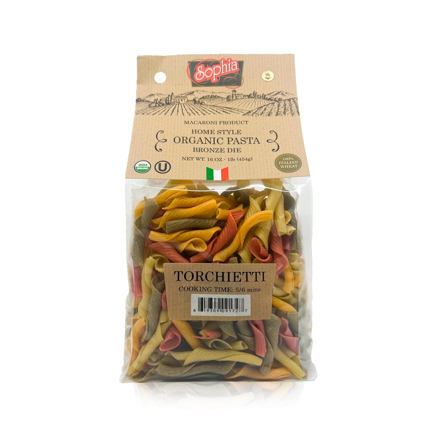 Sophia Foods Four-Color Bronze Dye Torchietti Pasta, 1Lb Bag (4-Pack) - Organic, Artisanal, And Made In Italy
