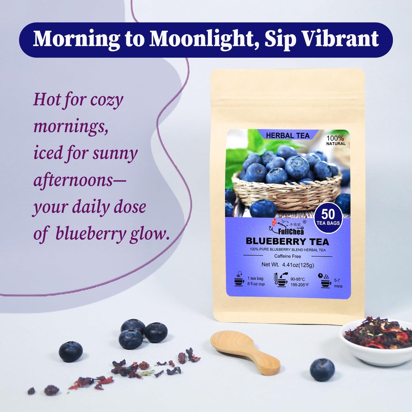 Fullchea - Blueberry Tea Bags, 50 Teabags - Premium Blueberry Blend Herbal Tea - Harmonious Mix Of Blueberries, Hibiscus, Raisin