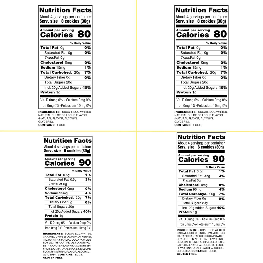 4 Pack Krunchy Melts Original Meringue Cookies | Caramel Delight 4-Pack | 2 Dulce De Leche, 2 Salted Caramel | Only 80-90 Calori