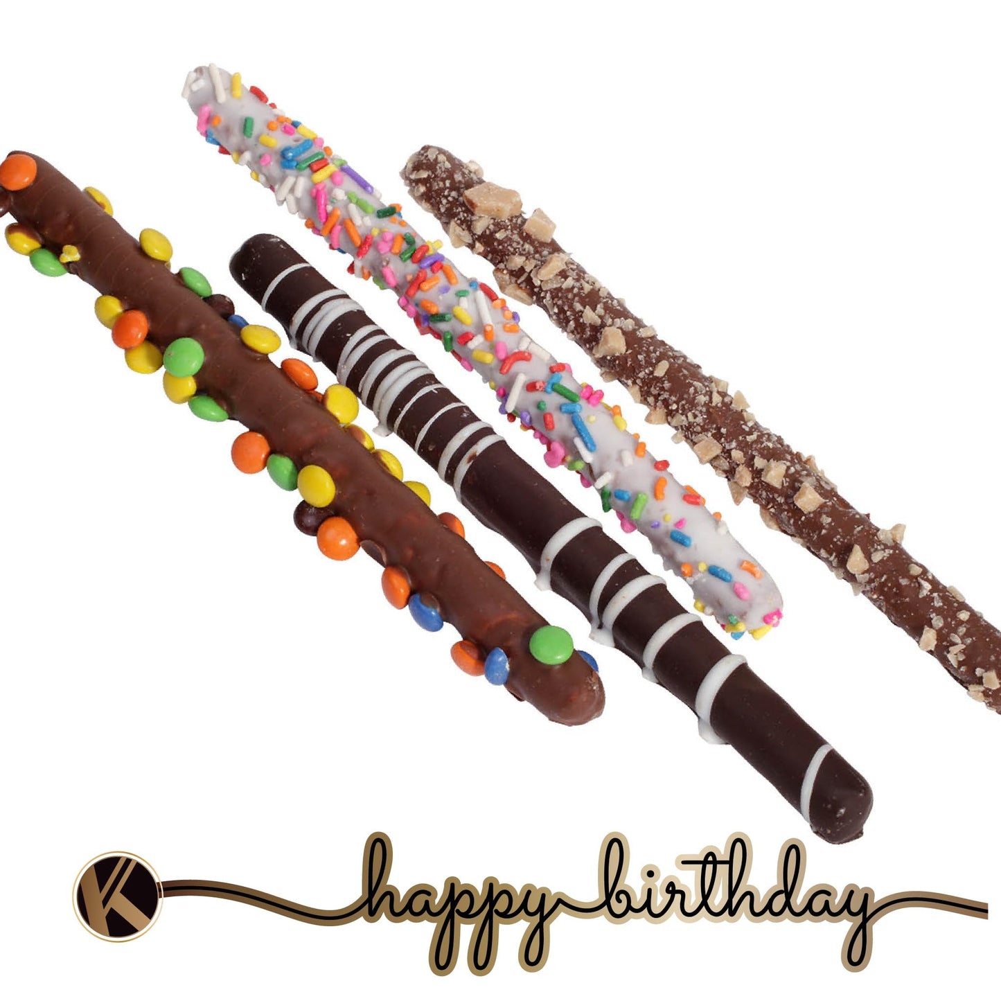 Kremery Creamy Chocolate Cravings - Birthday Treats, Chocolate Covered Pretzel Rods Gift Basket, In Clear Tube + Greeting Card (