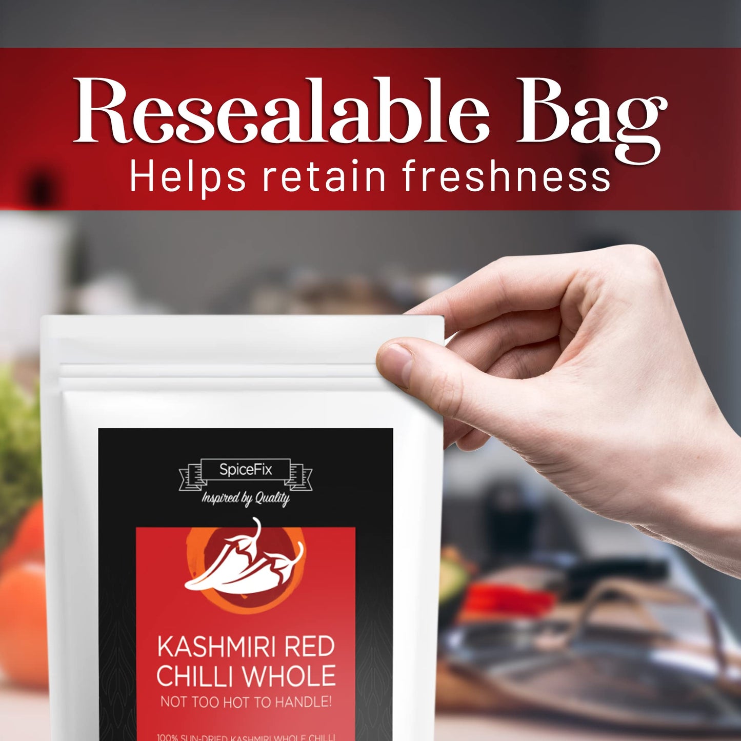 Spicefix - Whole Kashmiri Red Chilli Pepper, Mild To Medium Heat Natural Stemless Chillies, Sun-Dried Red Pepper, Indian Dried Chili Peppers In A Resealable Bag, 2.6 Ounces