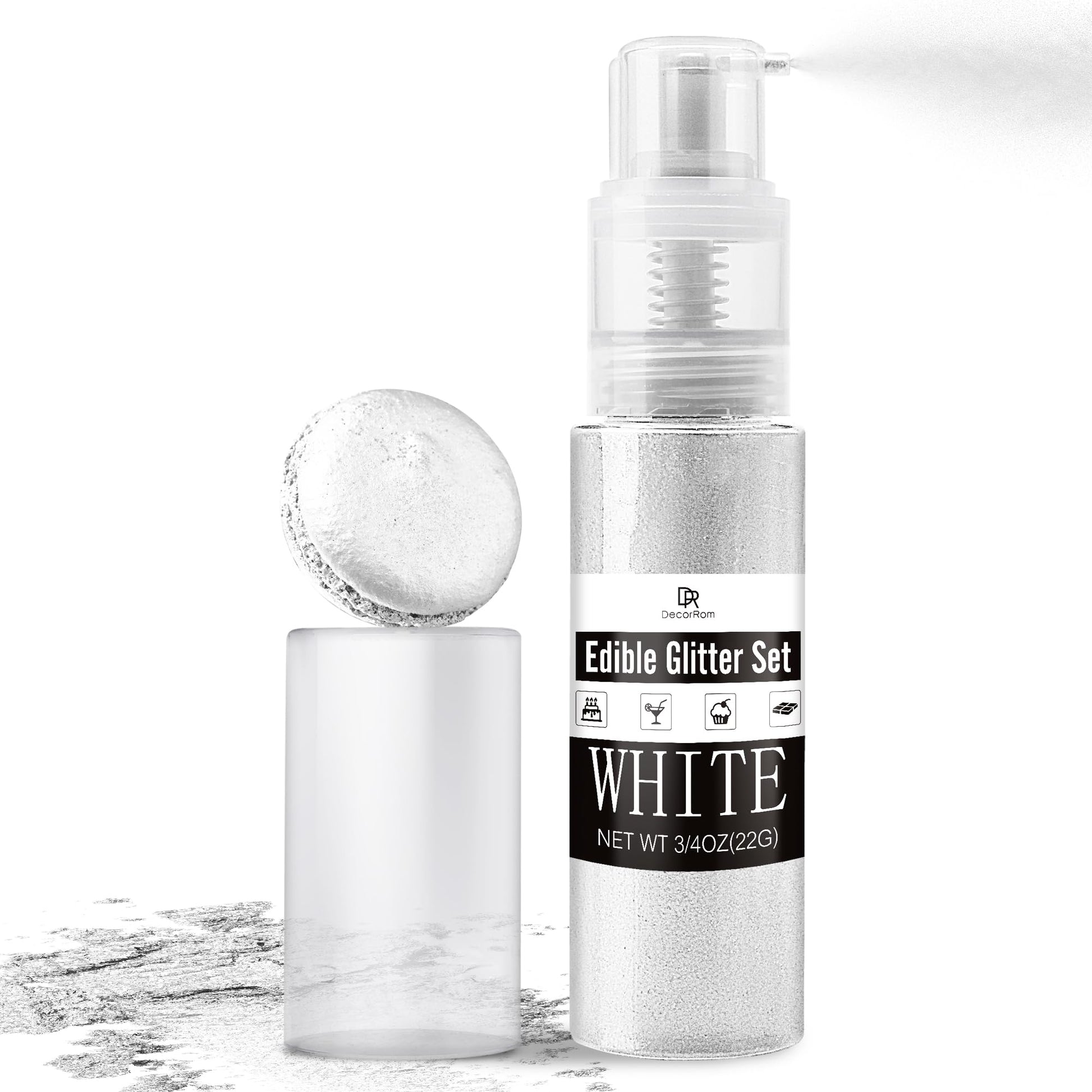 DecorRom Edible Glitter Spray, 3/4oz Luster Dust, Food Grade Shimmer Powder, White, Model A0209 for Cake Decorating and Drinks