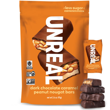 UNREAL Dark Chocolate Caramel Peanut Nougat Bars (1 Bag), 70% Organic Ingredients, Fair Trade, Non-GMO, No Corn Syrup, Sugar Alc