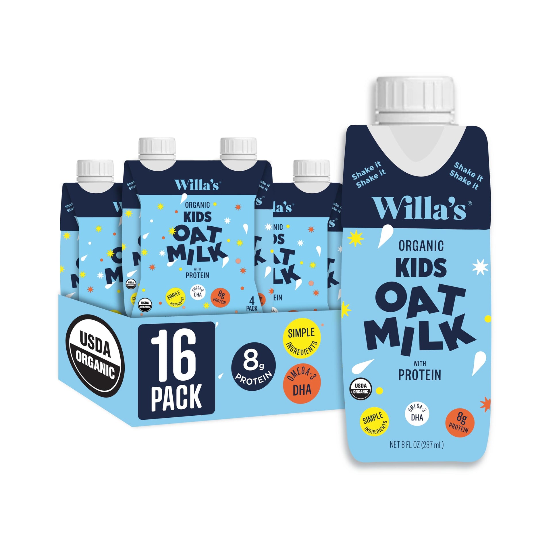 Willa s Organic Kid s Oat Milk with 8g Protein & 240g Calcium  Plant-Based Milk for Kids  Dairy-Free  Low Sugar  2g Fiber - 8.25 oz  16 Pack
