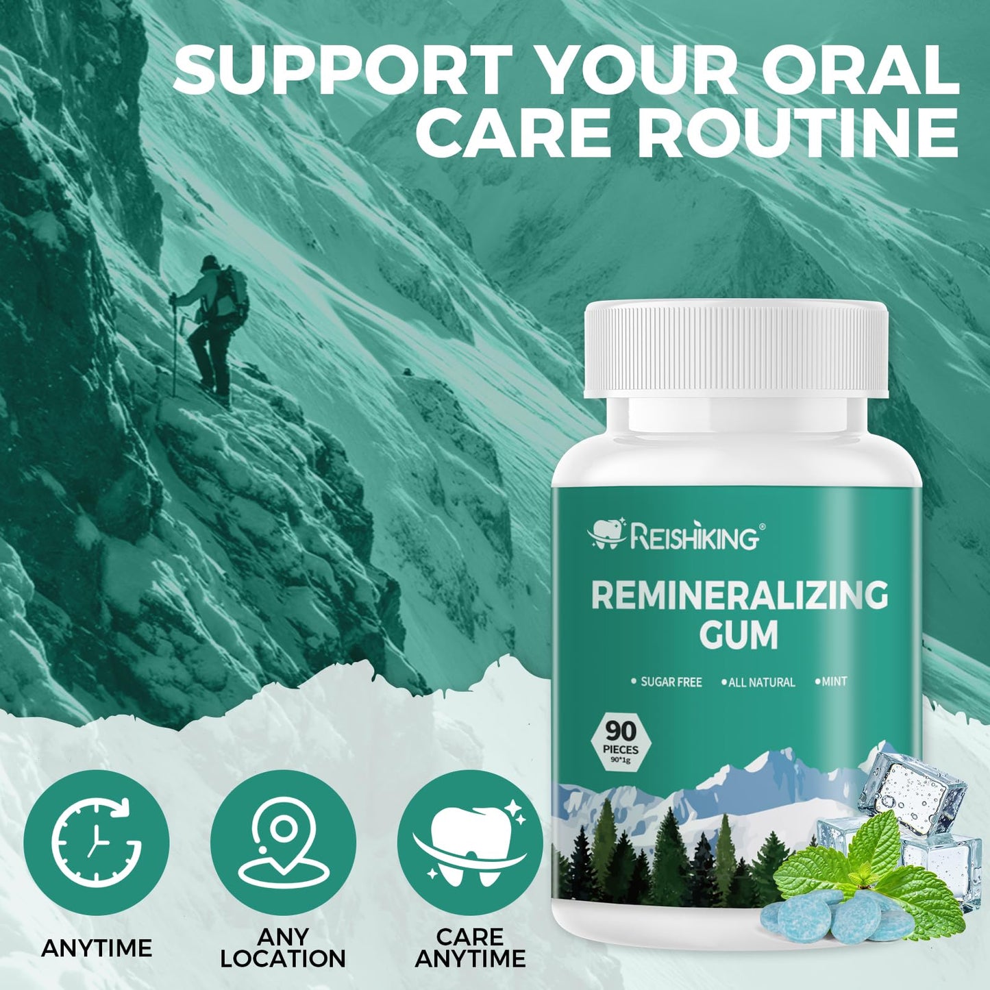 REMINERALIZING GUM  90 Pieces  Teeth Remineralization  Sugar-Free Chewing Gum with Xylitol  Mint Flavor  Two pills after meals to freshen breath and clean teeth (1pcs)