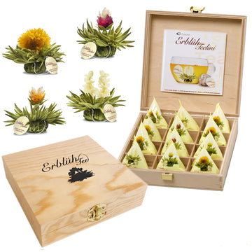 Creano Blooming Tea - Teelini - Tea Flowers in Cup Size - Gift Set in Wooden Tea Box - 12 pcs in 4 Varieties - White Tea