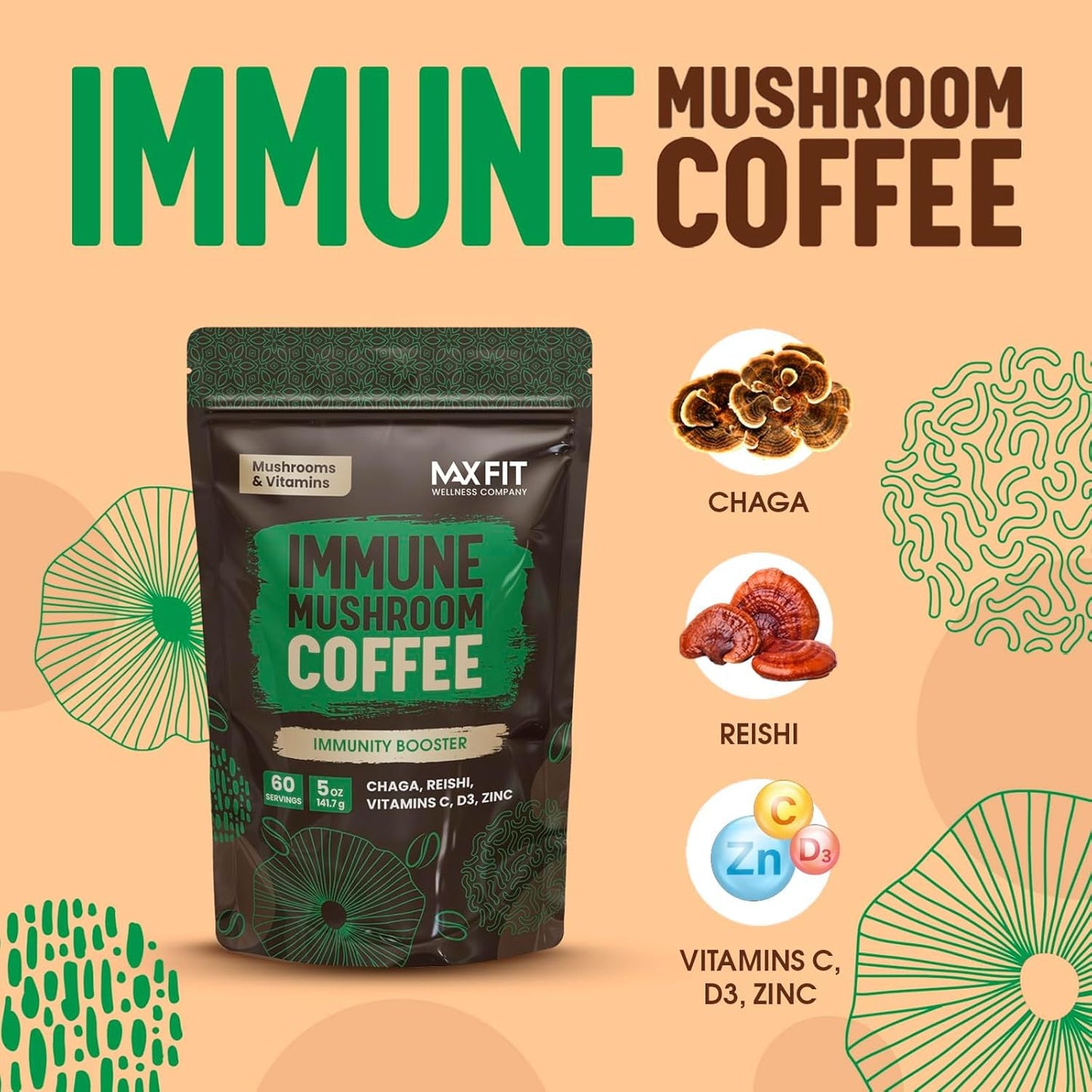 MAX FIT Immunity Mushroom Coffee - 60 Servings, 5 Ounce, Chaga & Reishi with Vitamins C, D3, Zinc, 100% Arabica Instant Coffee