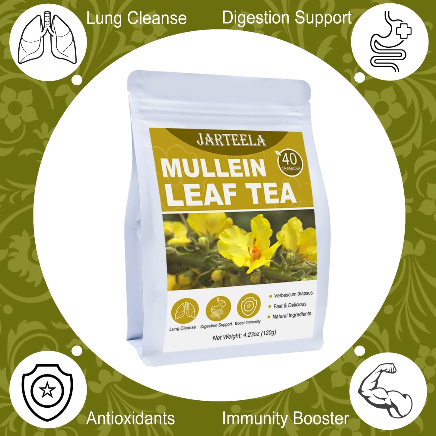 Jarteela Mullein Leaf Tea Bags - Non-GMO, Caffeine-free, 40 Count (3g/Bag)