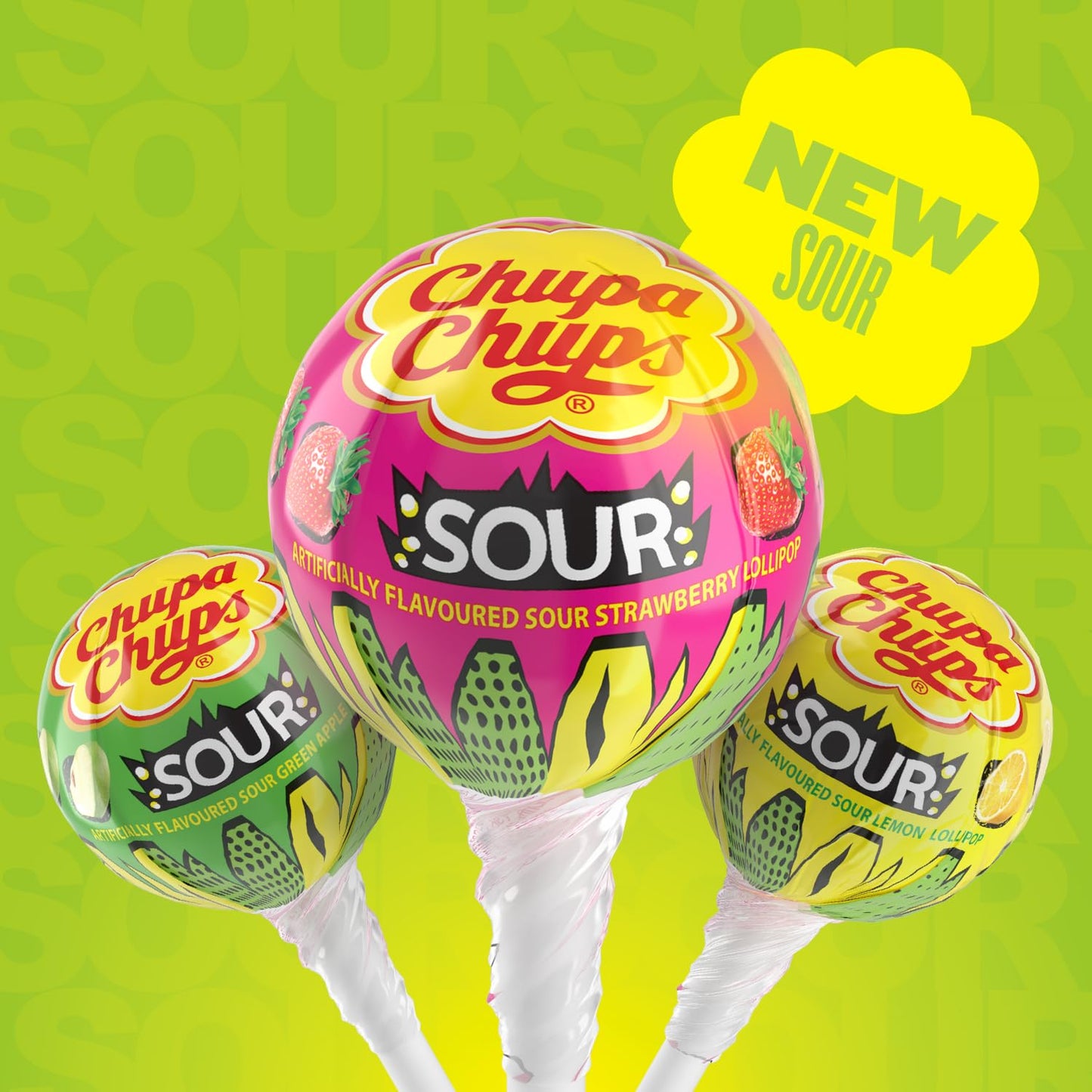 Chupa Chups Sour Lollipops, Variety Pack, Lemon, Strawbery & Apple Flavored, Individually Wrapped Bulk Sour Candy Suckers For Ad