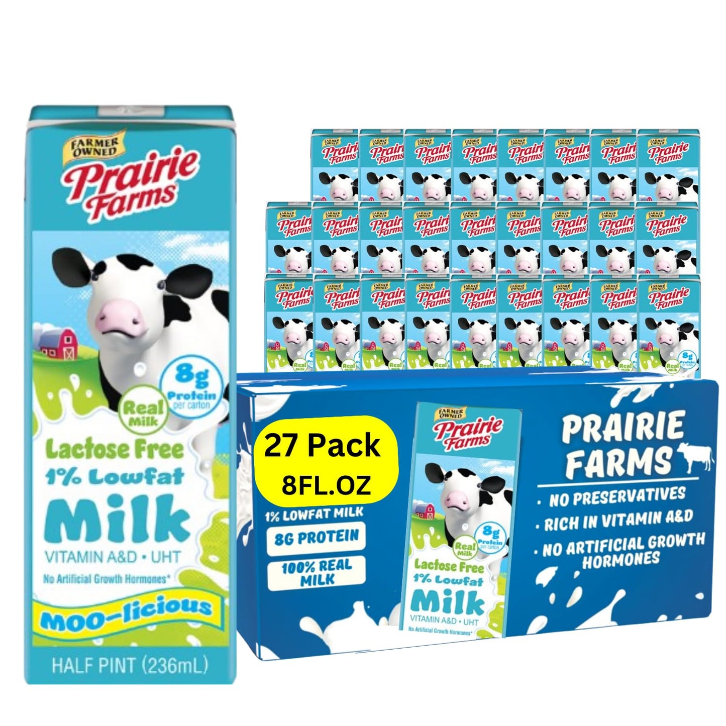 Prairie Farms Lactose Free Milk  Shelf Stable 1% Low Fat Milk Boxes Vitamin D  Gluten Free  Ultra Pasteurized (UHT)  Kosher - 8oz. (27 Pack)