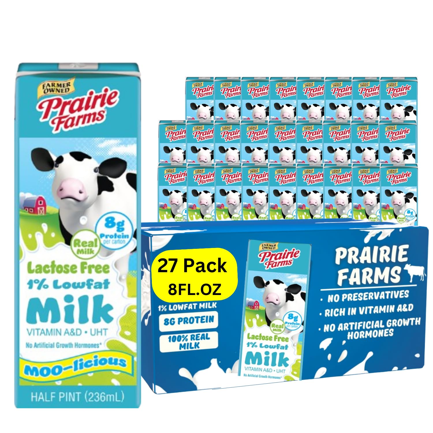Prairie Farms Lactose Free Milk  Shelf Stable 1% Low Fat Milk Boxes Vitamin D  Gluten Free  Ultra Pasteurized (UHT)  Kosher - 8oz. (27 Pack)