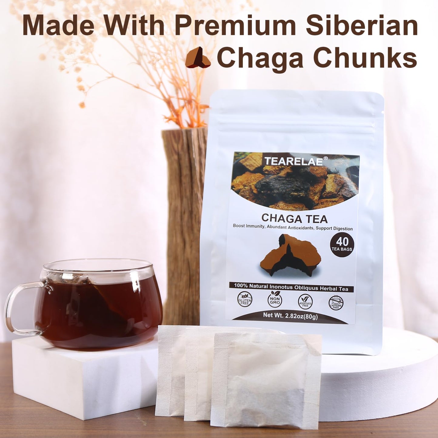 TEARELAE Chaga Tea - 100% Pure Natural Mushroom Tea Bags - Additive-Free - 40 Count - Non-GMO - Immunity Support