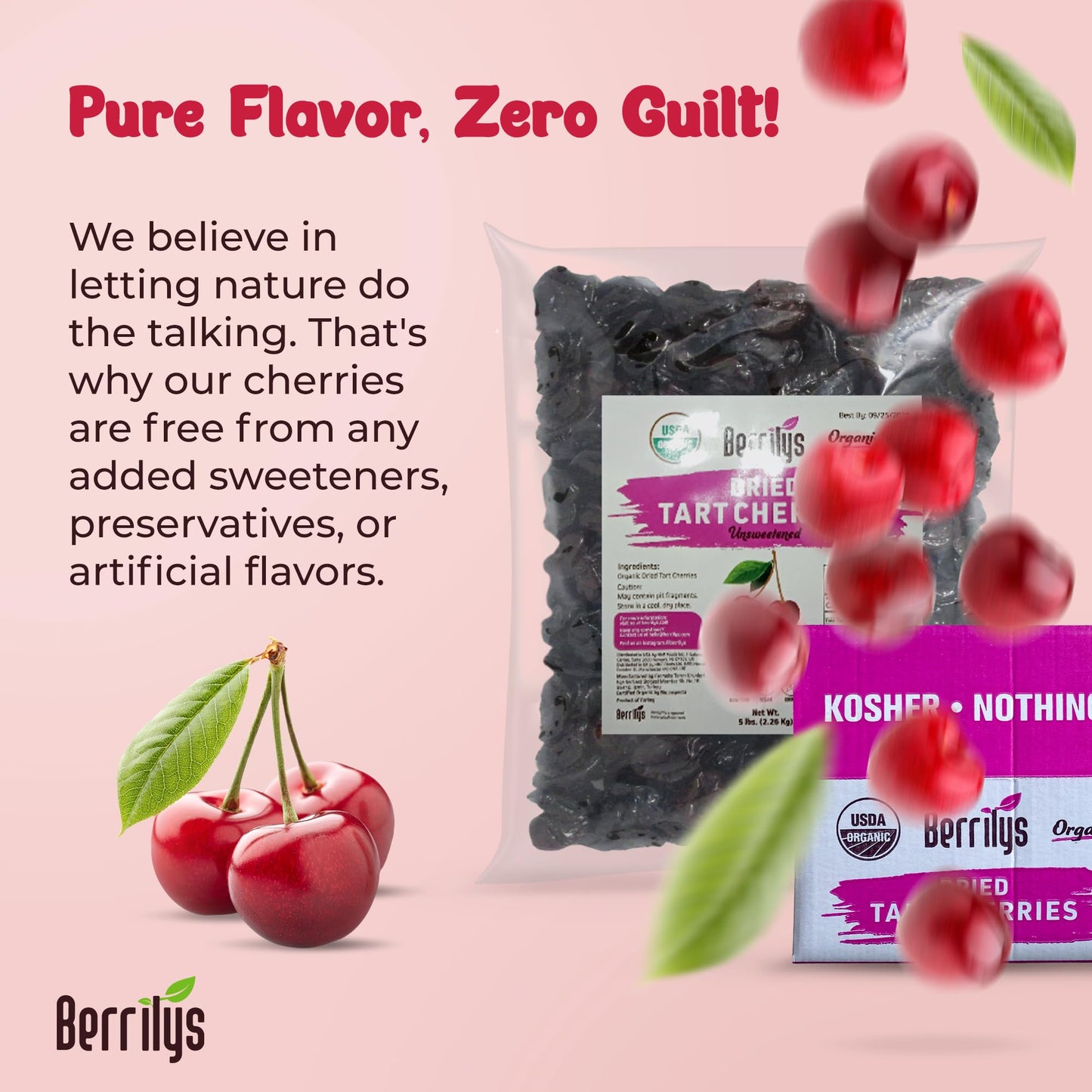 Berrilys Natural Dried Tart Cherries, 5 lb, No Sweet Added, Non-GMO, Plant-based, Ideal and Great for Baking, Snacking, Salads &