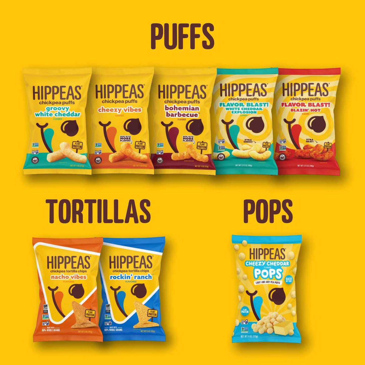 Hippeas Chickpea Puffs, Variety Pack: Vegan White Cheddar, Nacho Vibes, 0.8 Ounce (Pack of 30), 3g Protein, 2g Fiber, Vegan, Glu
