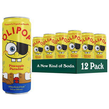 OLIPOP Prebiotic Soda Pop  SpongeBob Pineapple Paradise  Pantry Pack Packed with Prebiotics  Fiber  and Botanicals  Gluten Free  Vegan  GMO Free  12oz Skinny Can (12-Cans)