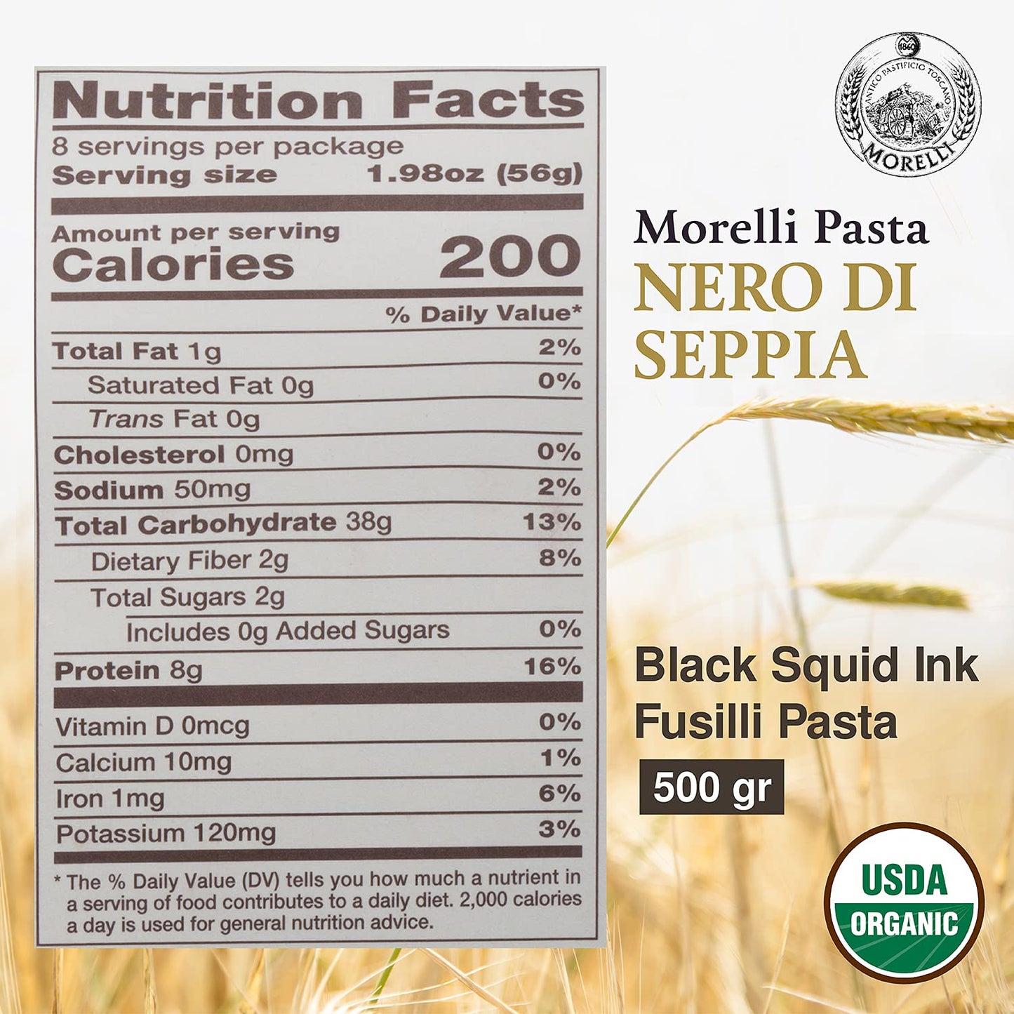 Morelli Squid Ink Pasta Fusilli (Rotini) - Organic Italian Pasta - Black Pasta Noodles - Durum Wheat Semolina - Nero Di Seppia M