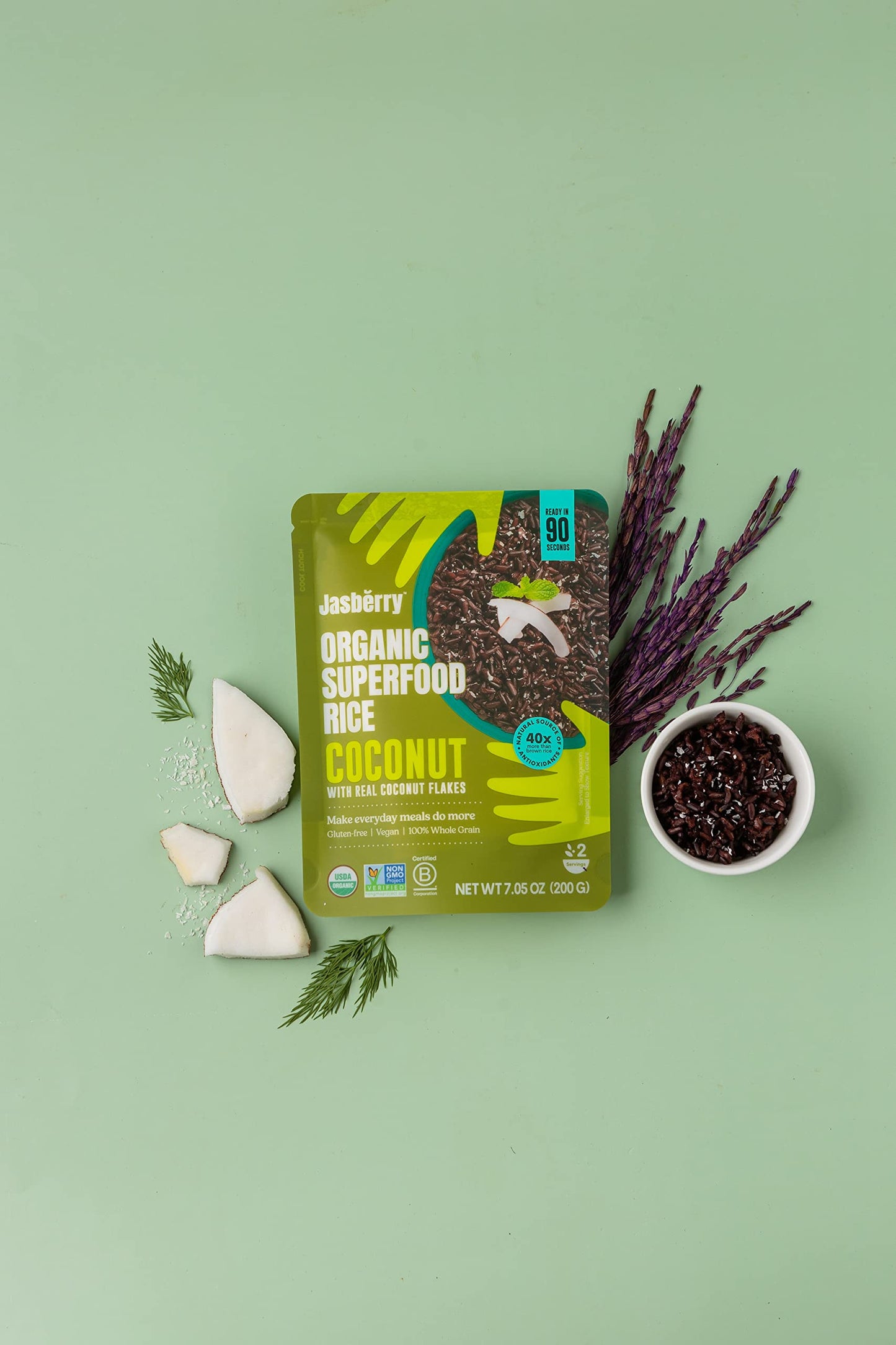 Jasberry Organic Rice With Coconut Flakes - Superfood Rice With High Antioxidants, Ready To Eat Or Heat, Non-Gmo, Gluten-Free, U