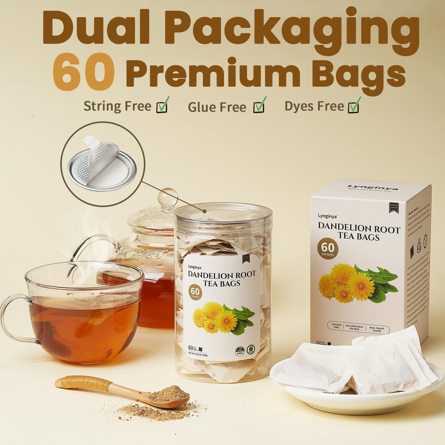 Lynginya Dandelion Root Tea - Premium Roasted Herbal Tea, 60 Tea Bags, Caffeine-Free, No Sugar
