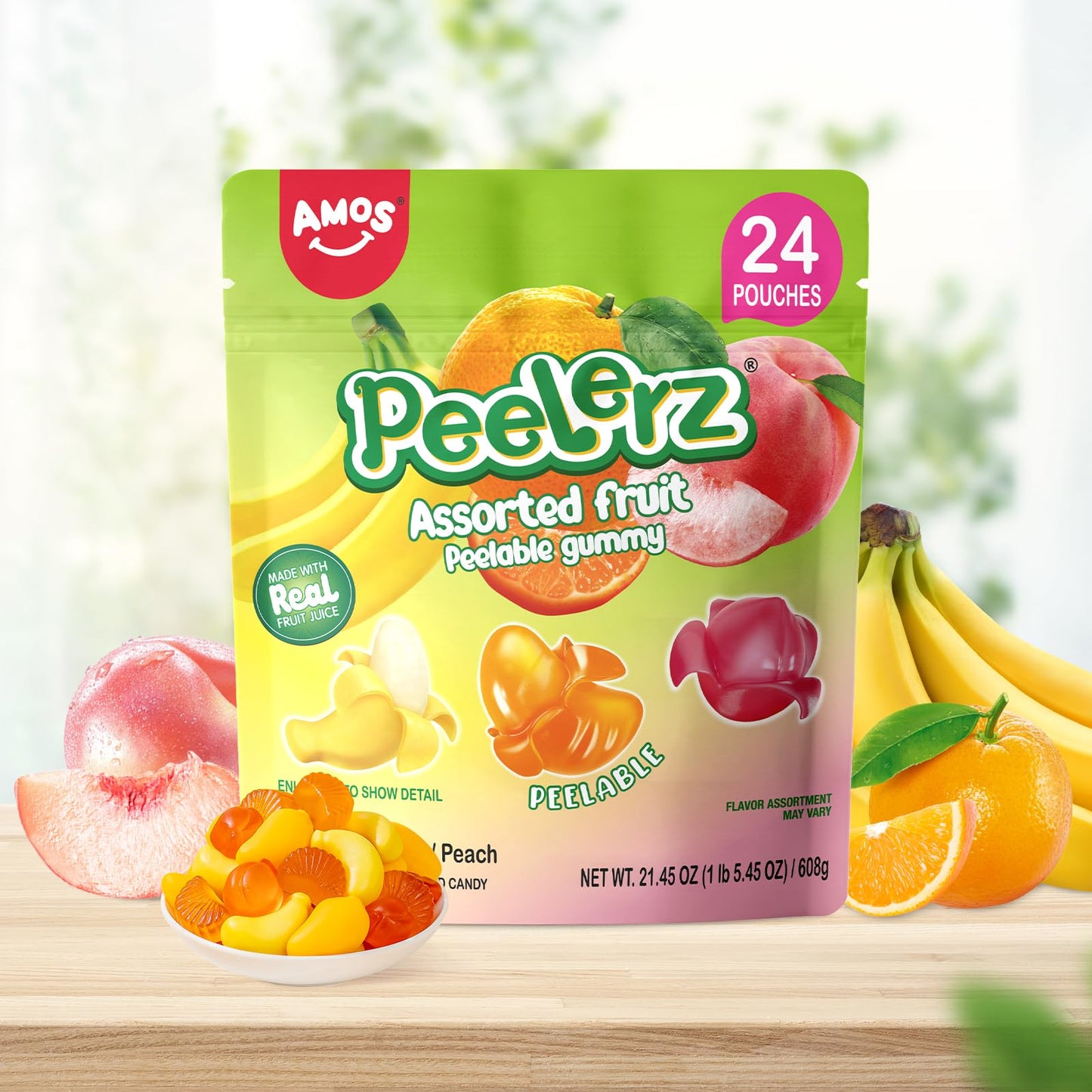 Amos Peelerz Assorted Peelable Gummy - Tropical Peeling Candy Variety Pack | Banana  Orange & Peach | 24 Individual Packs (608g) | Fun  Chewy & Shareable Treat
