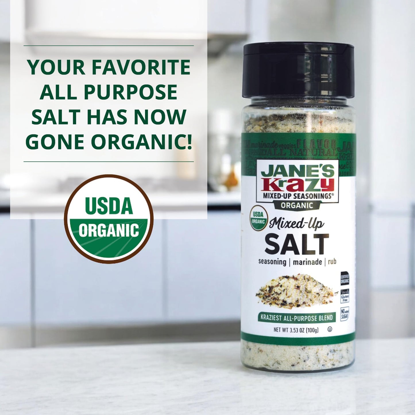 Janes Krazy Organic Mixed-Up Salt Blend 3.53oz | Seasoned Salt | Original Janes Krazy Seasoning Salt now Certified USDA Organic