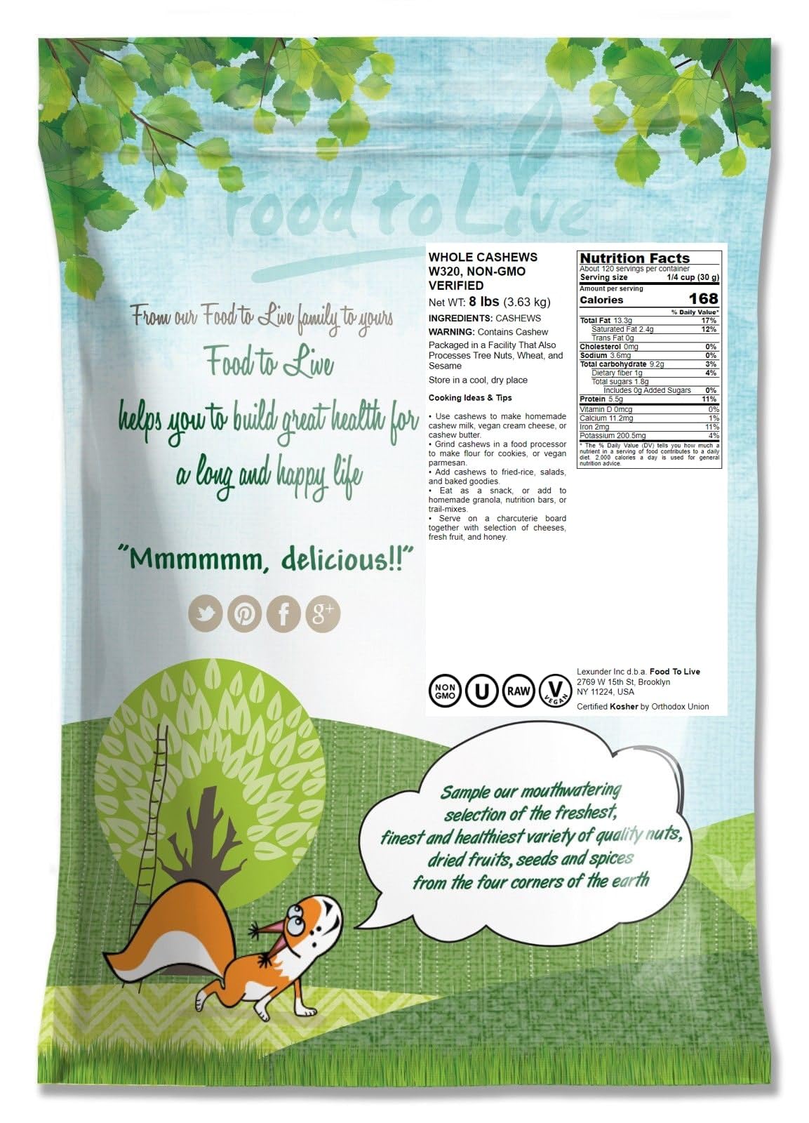 Food To Live - Raw Cashews, 8 Pounds Deluxe Whole Nuts, Unsalted, Unroasted Fancy Snack, Size W-320, Kosher, Vegan, Bulk, A Good
