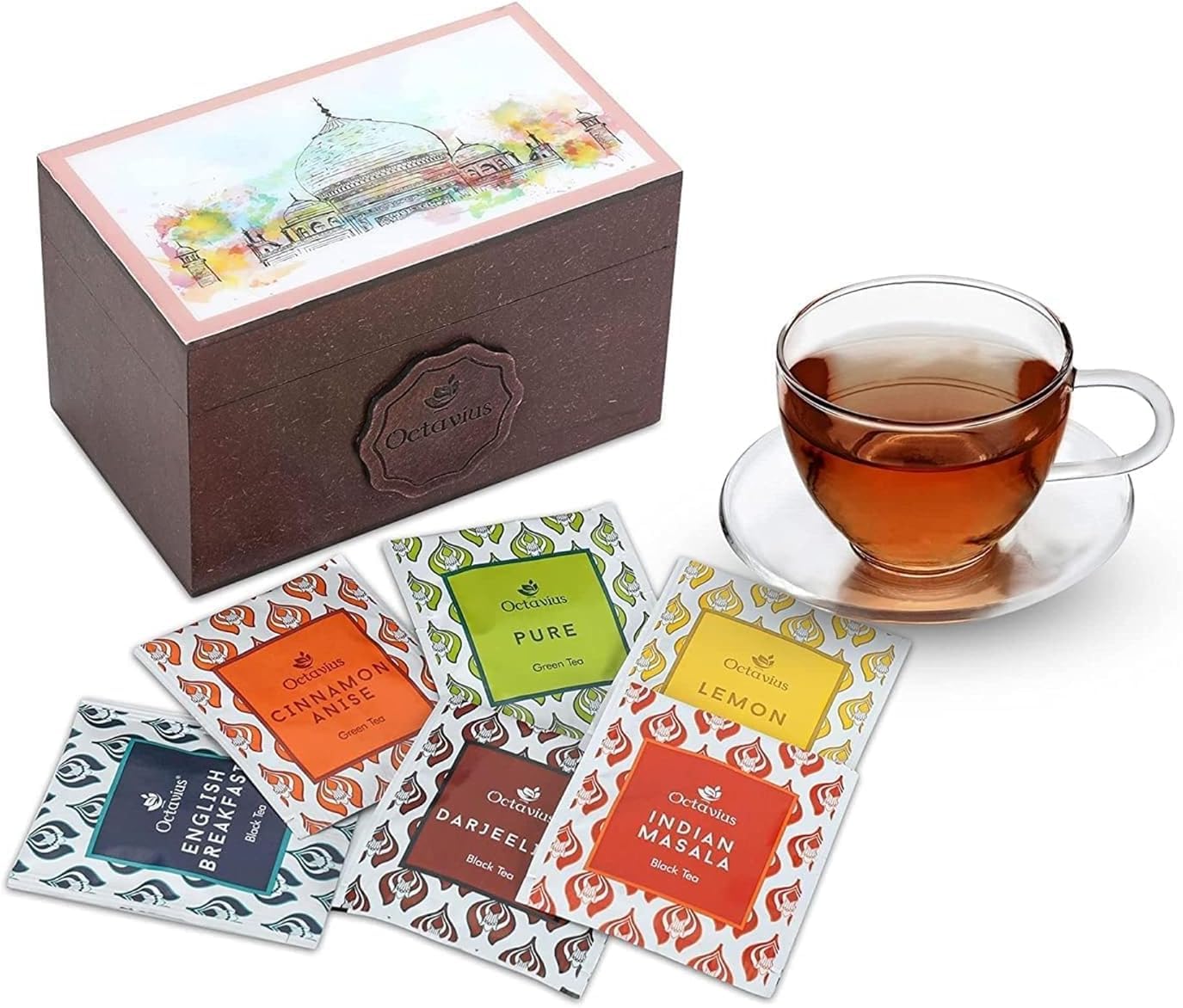 Octavius Assorted Tea Gift Set | 6 Flavored Black & Green Teas | 30 Enhanced Teabags In Each Box | Wooden Tea Sampler With Taj Mahal Design | Luxury Tea Gift Box | Pack Of 2