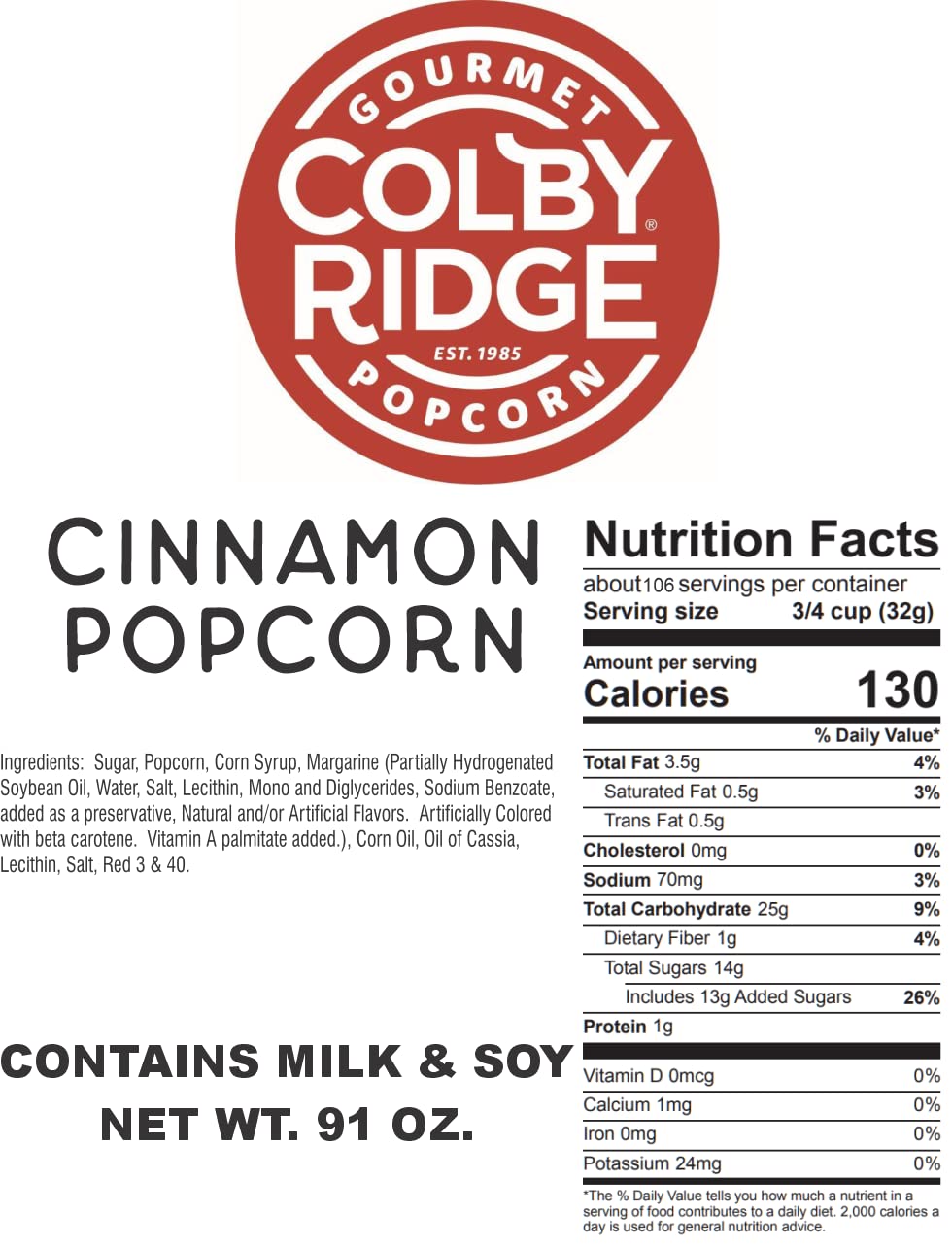 Colby Ridge Cinnamon Gourmet Craft Popped Gluten Free Popcorn Bulk Sized Large Gift Bags (Bulk 5 Gal. 80 Cups) (Cinnamon)