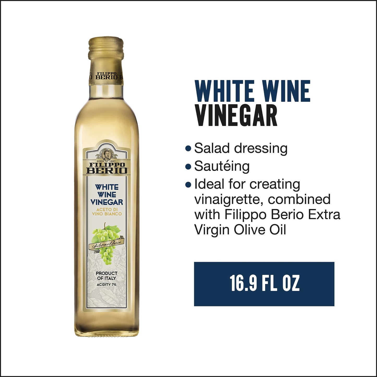 Filippo Berio White Wine Vinegar, Gluten Free, Non-GMO, 16.9 Fl Oz