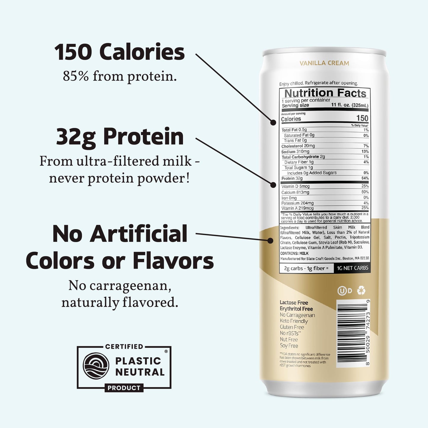 Slate Milk - High Protein Nutrition Shake - Vanilla Cream - 32g Protein, 1g Sugar, 150 Calories, 1g Net Carbs - Lactose Free - N