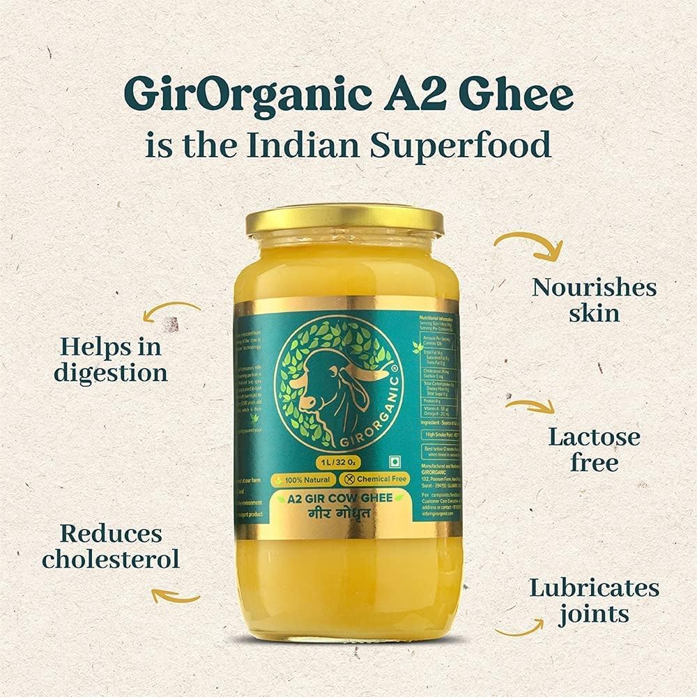 GirOrganic Grass Fed A2 Ghee| Clarified Butter (32 Oz) - Unsalted Gir Cow Ghee Butter - Organic Ghee Oil - Pasture Raised  Lactose-Free 32 Oz