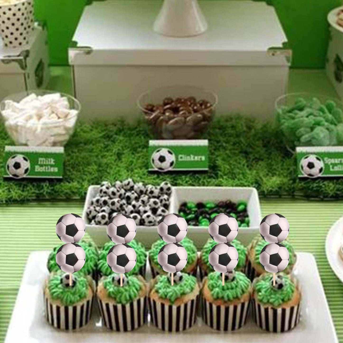 YCTHUNFISH 24 Pack Soccer Ball Cupcake Toppers Sports Theme Small Food Picks for Baby Shower Birthday Party Decorations