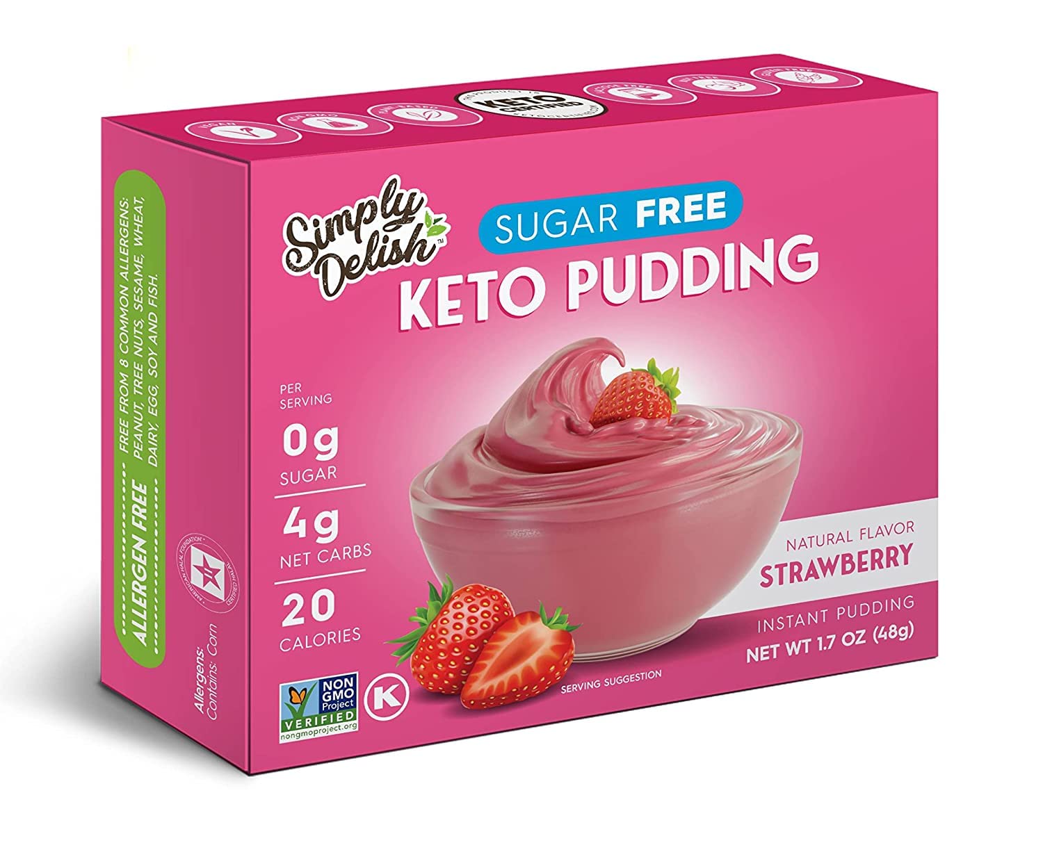 Simply Delish Instant Strawberry Pudding Mix - Plant Based Guilt Free Desserts - All Natural, Sugar Free, Non GMO, Gluten Free, 