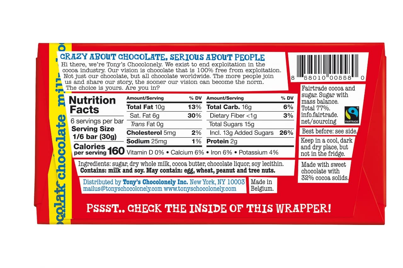 Tonys Chocolonely 32% Classic Milk Chocolate Bar - Rich, Smooth Belgium Chocolate, Perfect Holiday Gift, Chocolate Candy, No Artificial Flavoring, Fairtrade & B Corp Certified - 6.35 Oz, 15 Bars